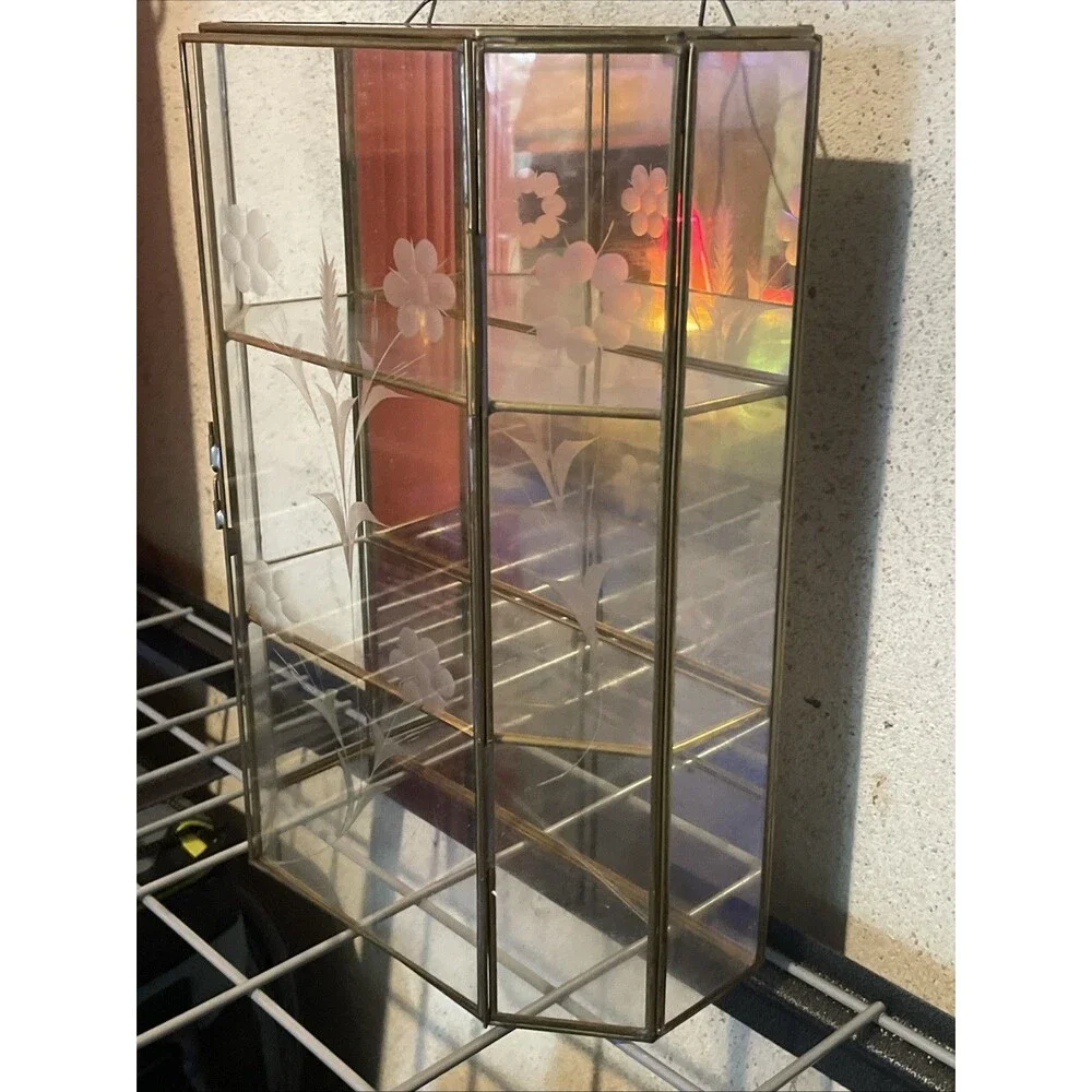 Vintage Etched Glass Brass Display Case Curio Cabinet Mirrored Back Wall Shelf